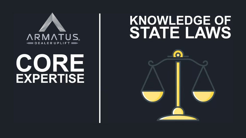 The start of the Armatus Dealer Uplift video about our core expertise, which shows a balance scale regarding knowledge of state laws.