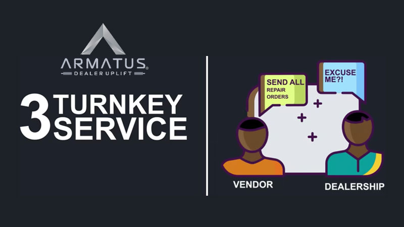 The start of the Armatus Dealer Uplift video about the benefits of our turnkey Retail Warranty Reimbursement service, which shows two men talking, a vendor and a dealership employee.