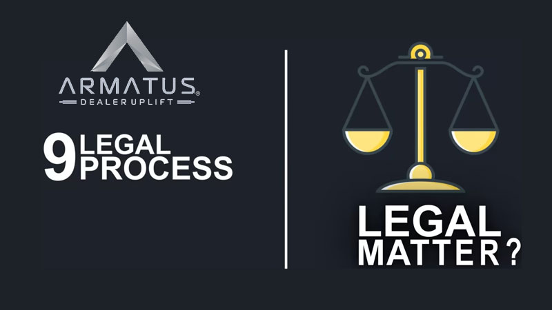The start of the Armatus Dealer Uplift video on the legal process for retail warranty reimbursement, featuring a balance scale symbolizing legal expertise and understanding of state statutes.
