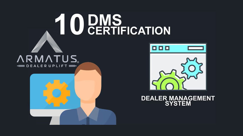 The start of the Armatus Dealer Uplift video about DMS certification regarding retail warranty reimbursements, which shows a person, screens and cogs in relation to a dealer management system.